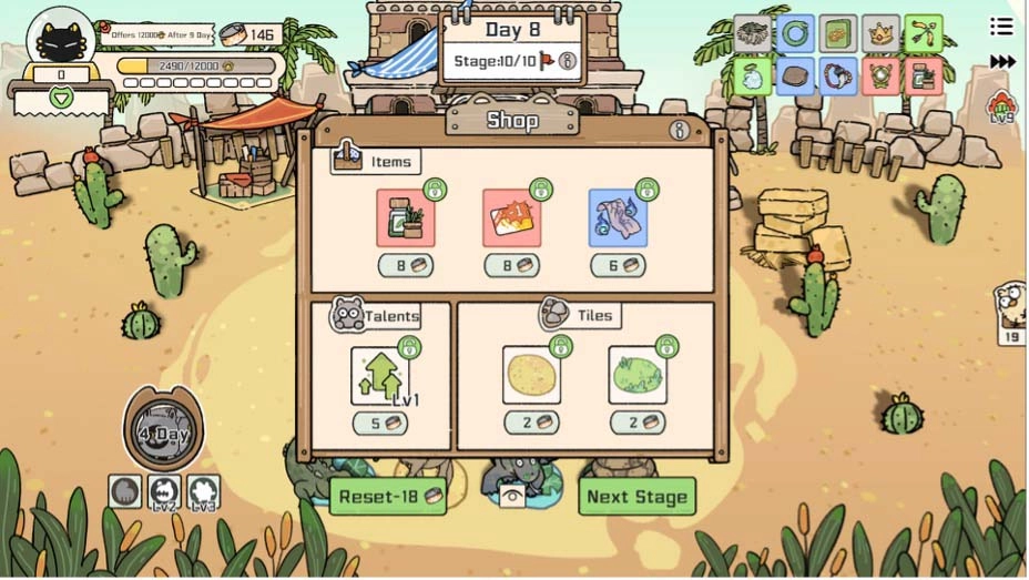 Gameplay interface of Cat God Ranch showcasing deckbuilding and ranch management with diverse animals in a vibrant setting.