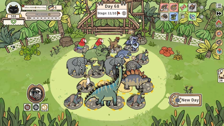 Gameplay scene from Cat God Ranch featuring diverse animals like dinosaurs, showcasing deckbuilding and ranch management.