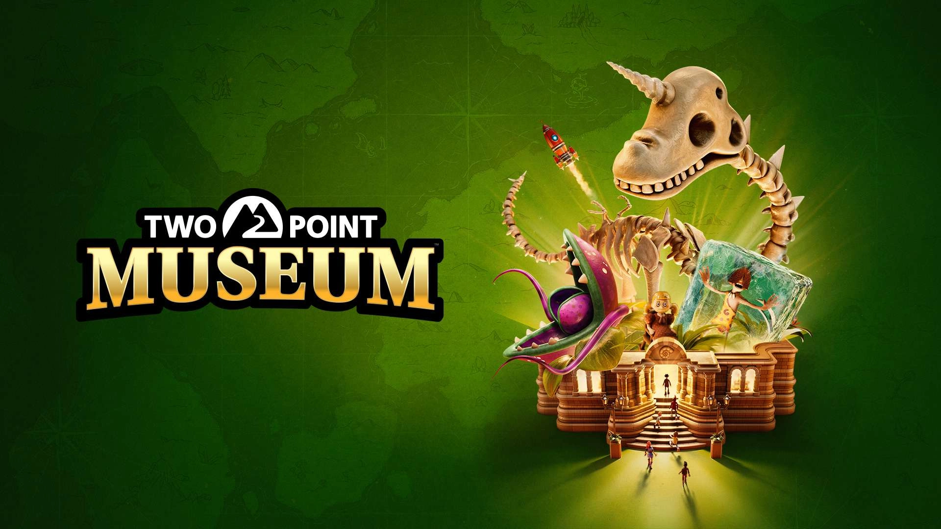 Two Point Museum game logo and colorful dinosaur skeleton on a vibrant green background, celebrating The Game Awards 2025 ...