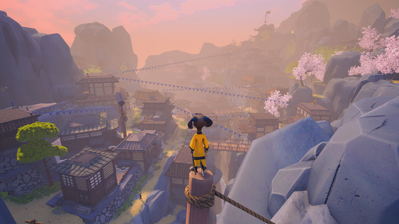 A vibrant landscape from Samurai Academy: Paws of Fury, showcasing Hank poised for adventure in a stunning game world.