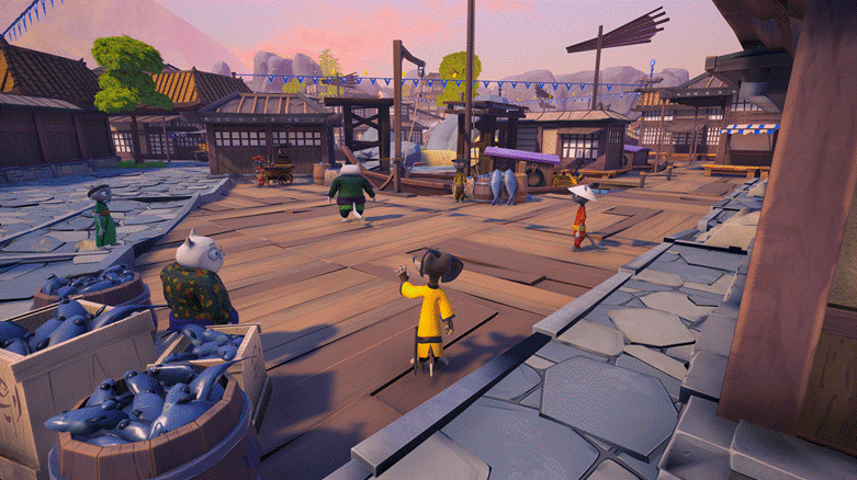 Gameplay scene from Samurai Academy: Paws of Fury, featuring vibrant characters in a lively village environment.