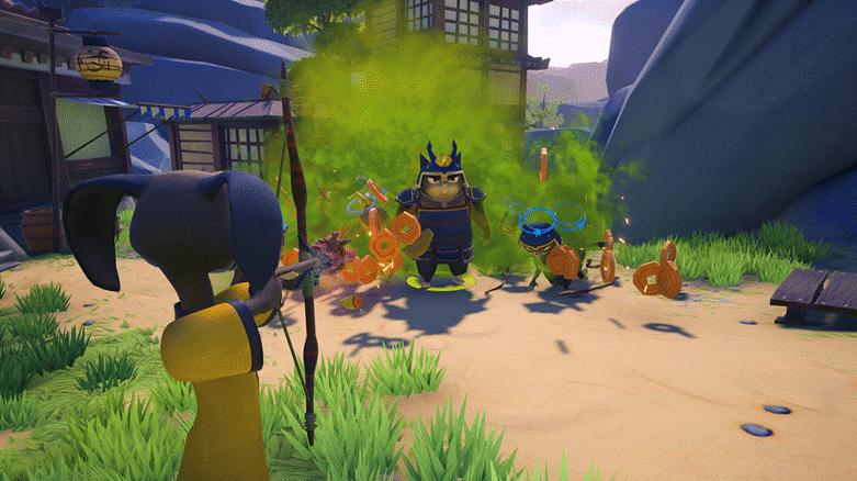 Samurai Academy: Paws of Fury gameplay featuring Hank battling a formidable Shogun and his cat army in vibrant 2.5D action.
