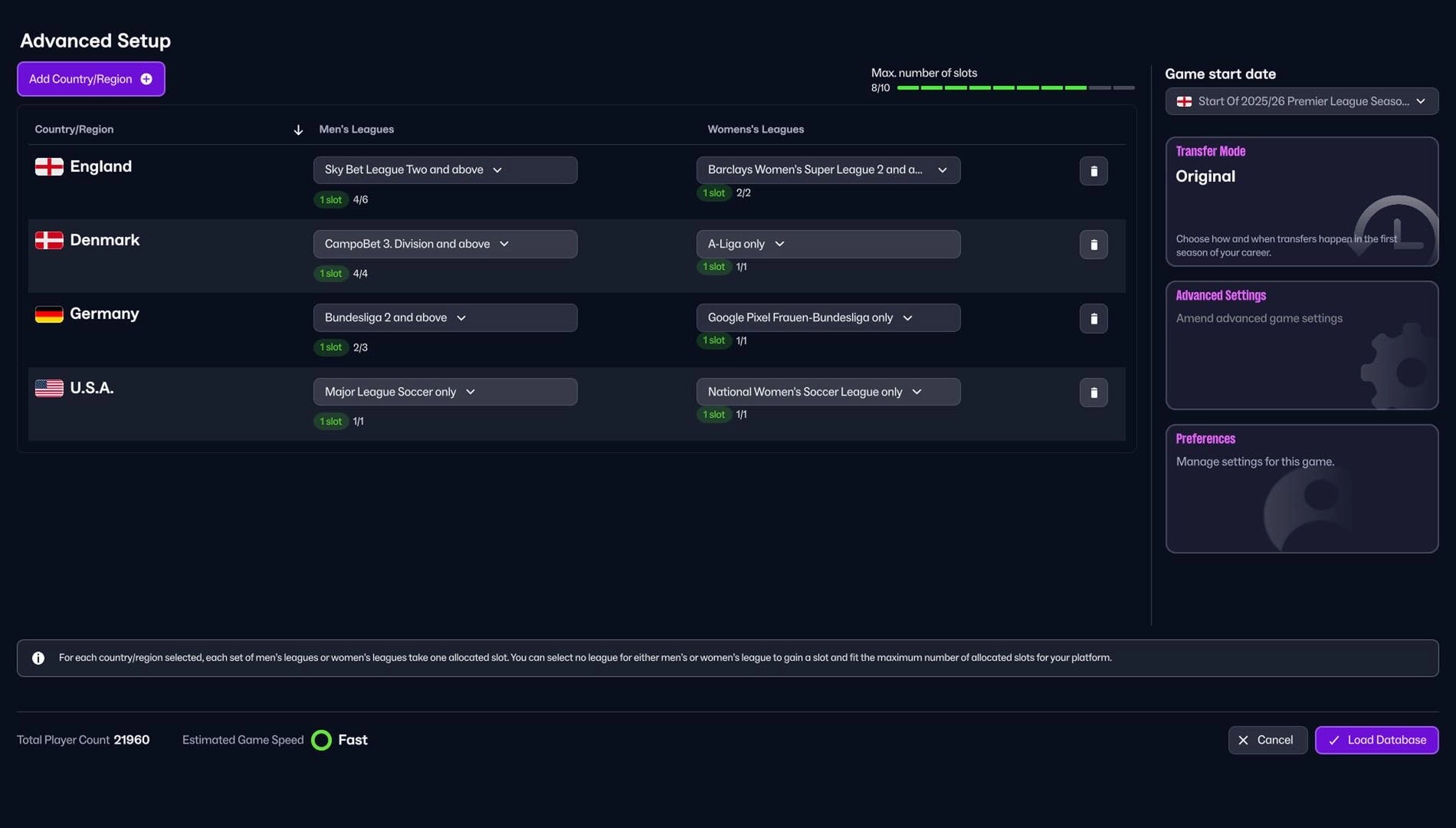 Football Manager 26 Console setup screen showcasing leagues and options for an immersive gaming experience.