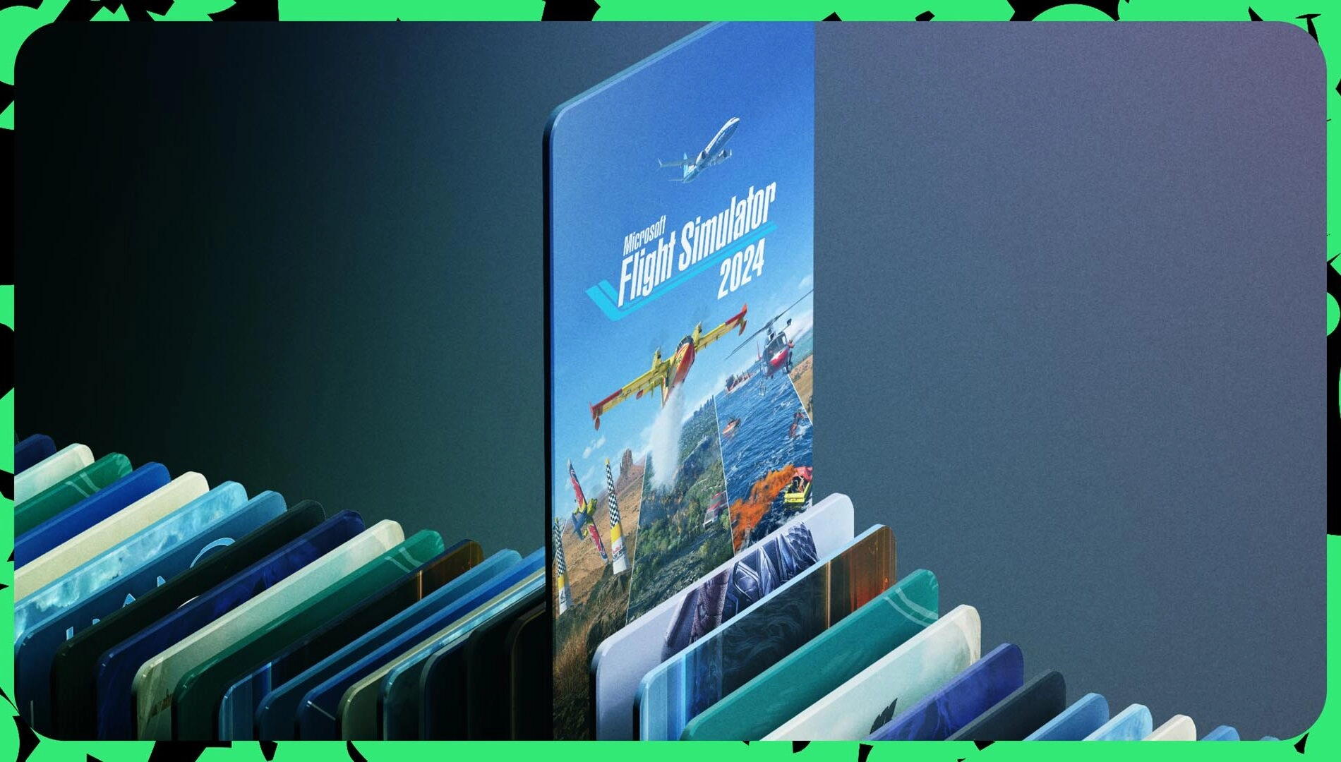 Collection of game boxes with Flight Simulator 2024 prominently displayed, symbolizing meaningful and engaging gaming expe...