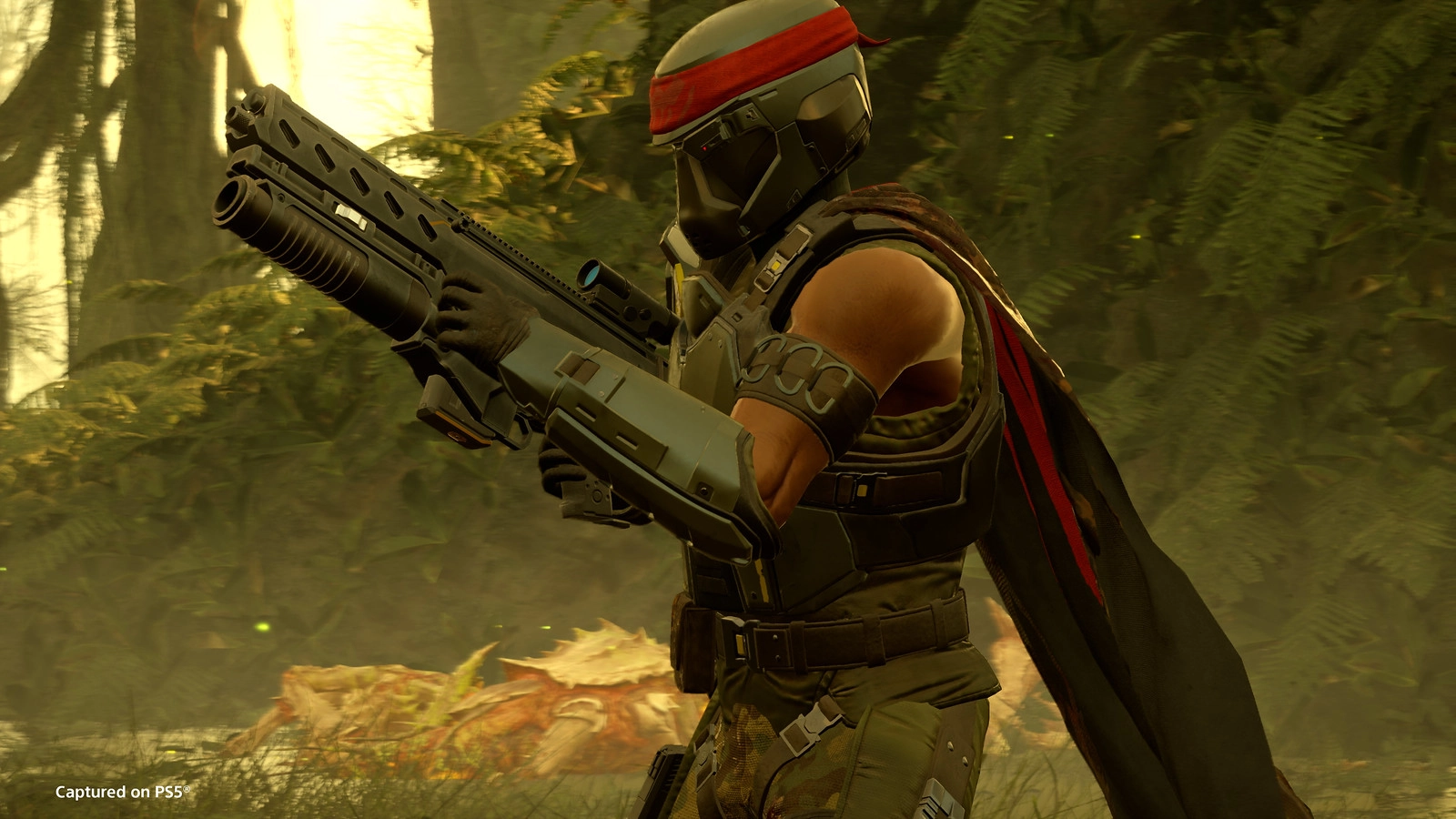 Helldivers character armed with the M-1000 Maxigun, showcasing new gear from the Python Commandos Warbond.