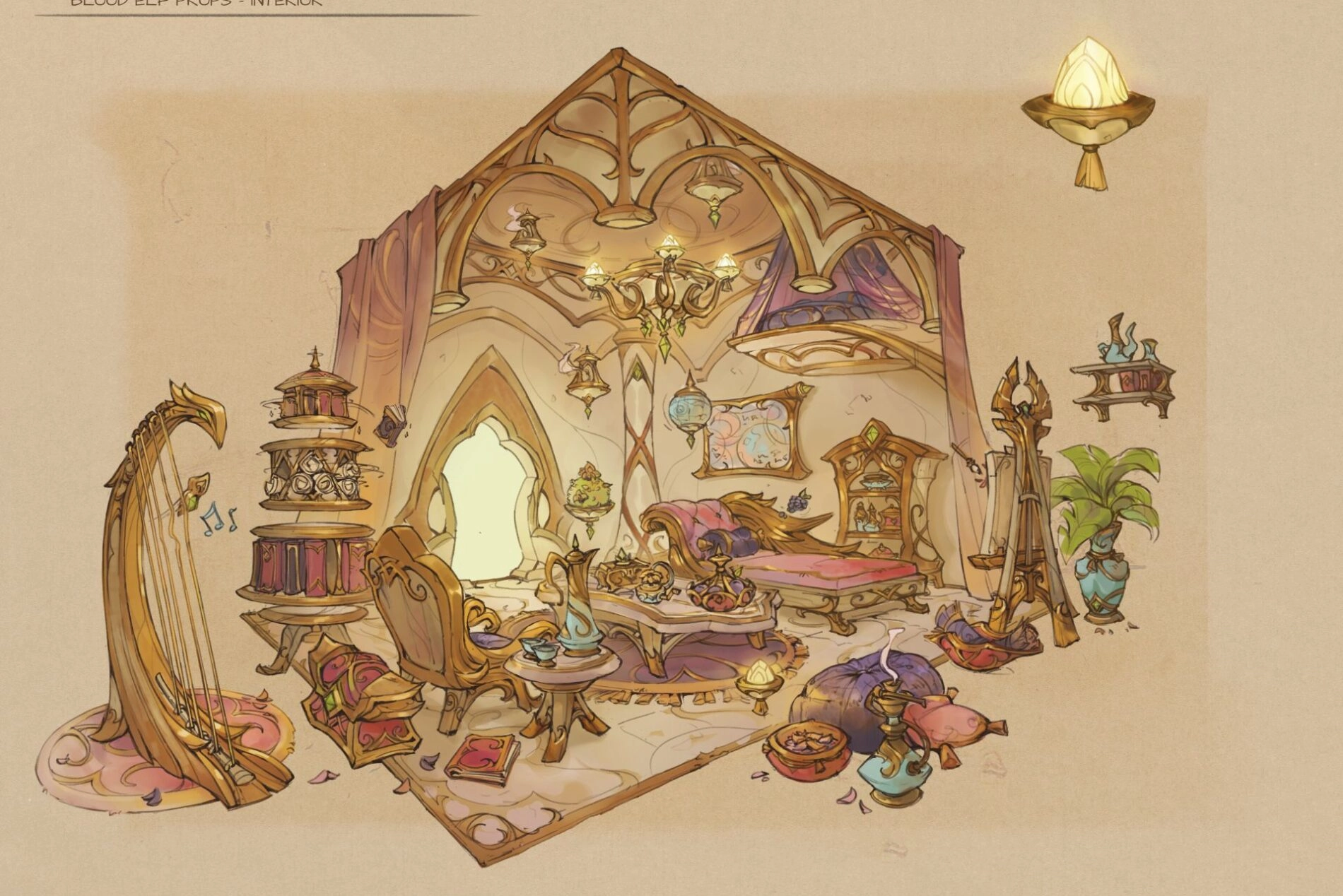 Cozy Blood Elf player housing concept art showcasing intricate decor and vibrant details for World of Warcraft updates.