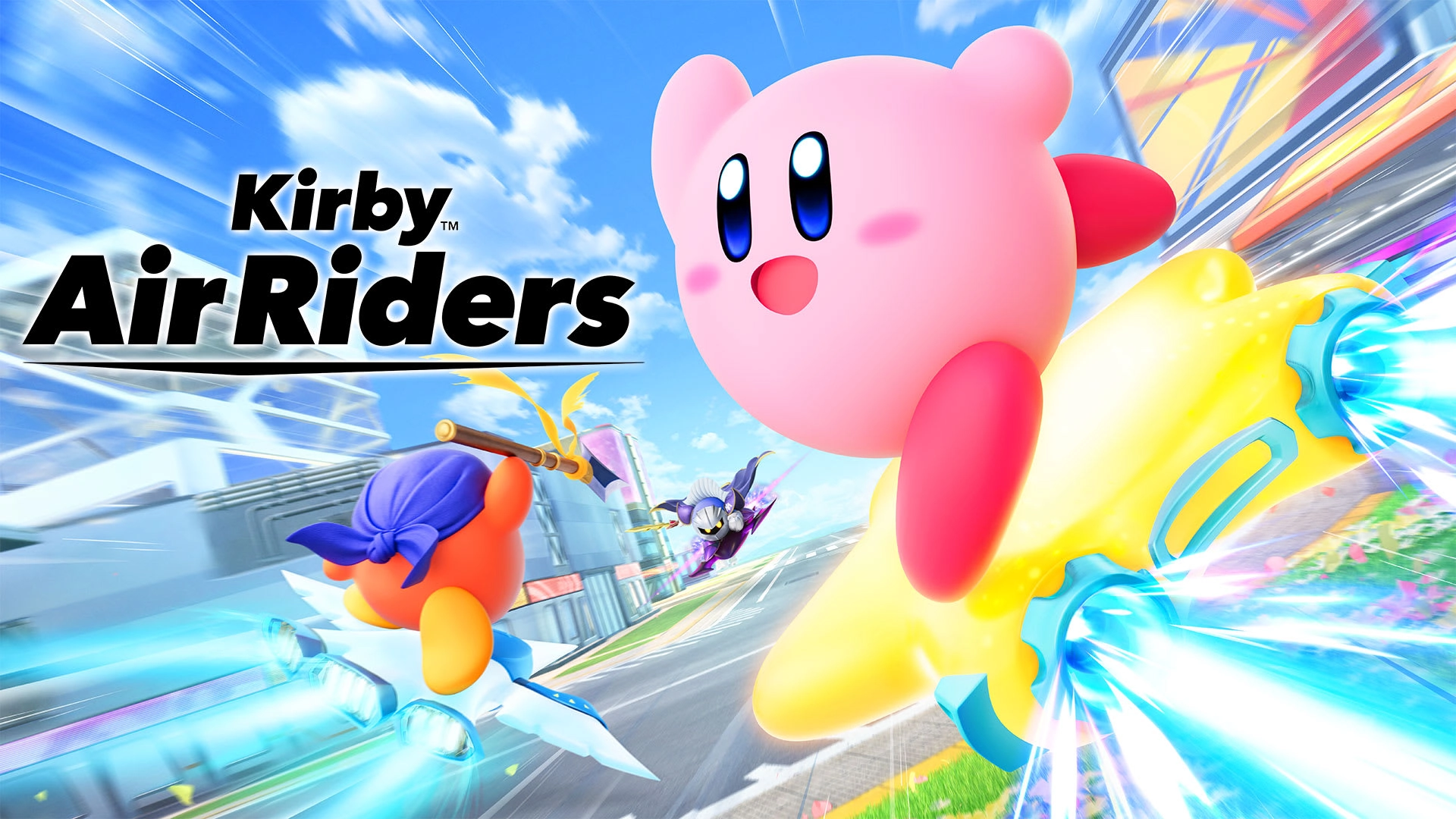 Kirby Air Riders game featuring Kirby, Meta Knight, and King Dedede in dynamic aerial racing and combat on Nintendo Switch.