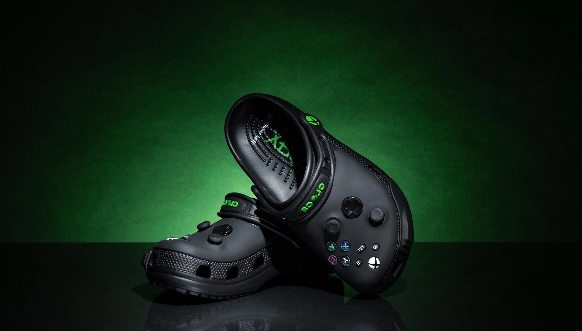 Exclusive Xbox x Crocs collection featuring controller-inspired clogs with cushioned footbeds for ultimate gaming comfort.