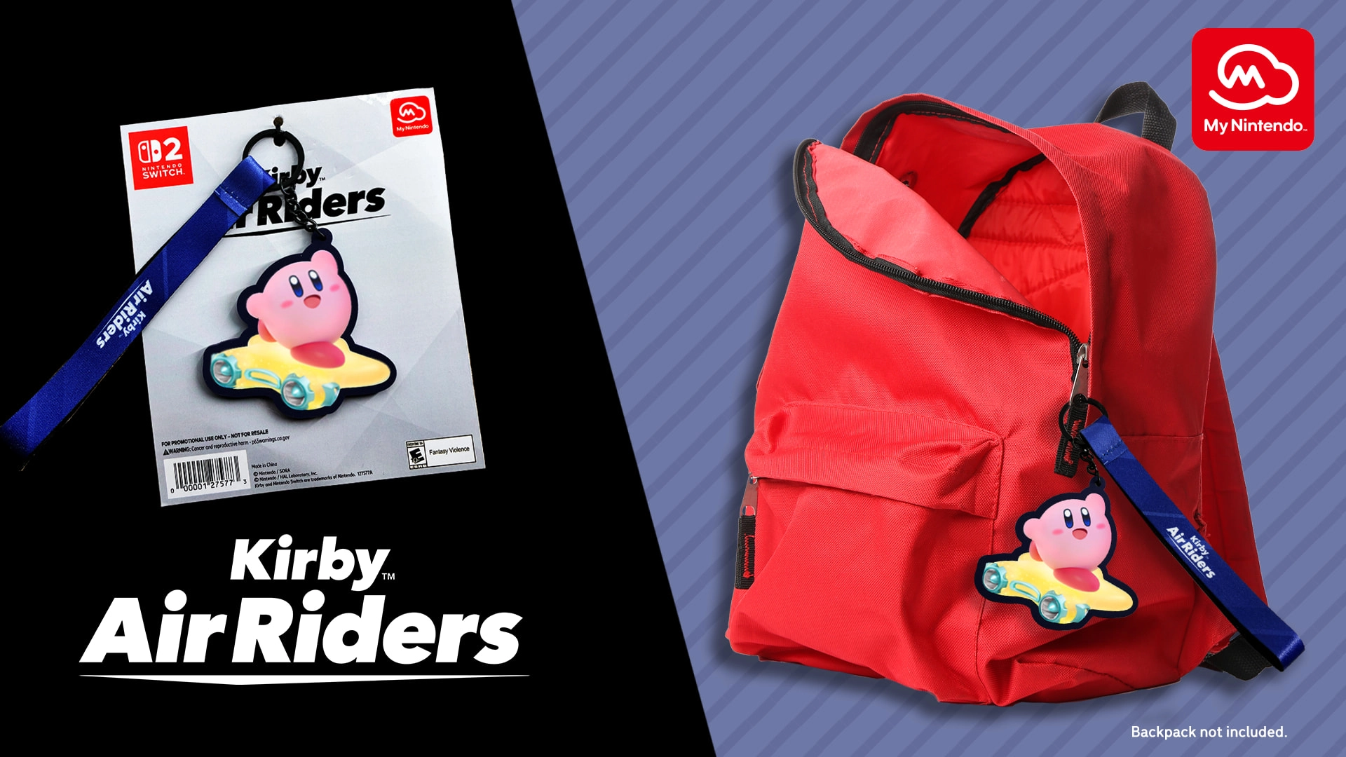 Kirby Air Riders themed backpack with a Kirby keychain, promoting the My Nintendo sweepstakes for gaming rewards.