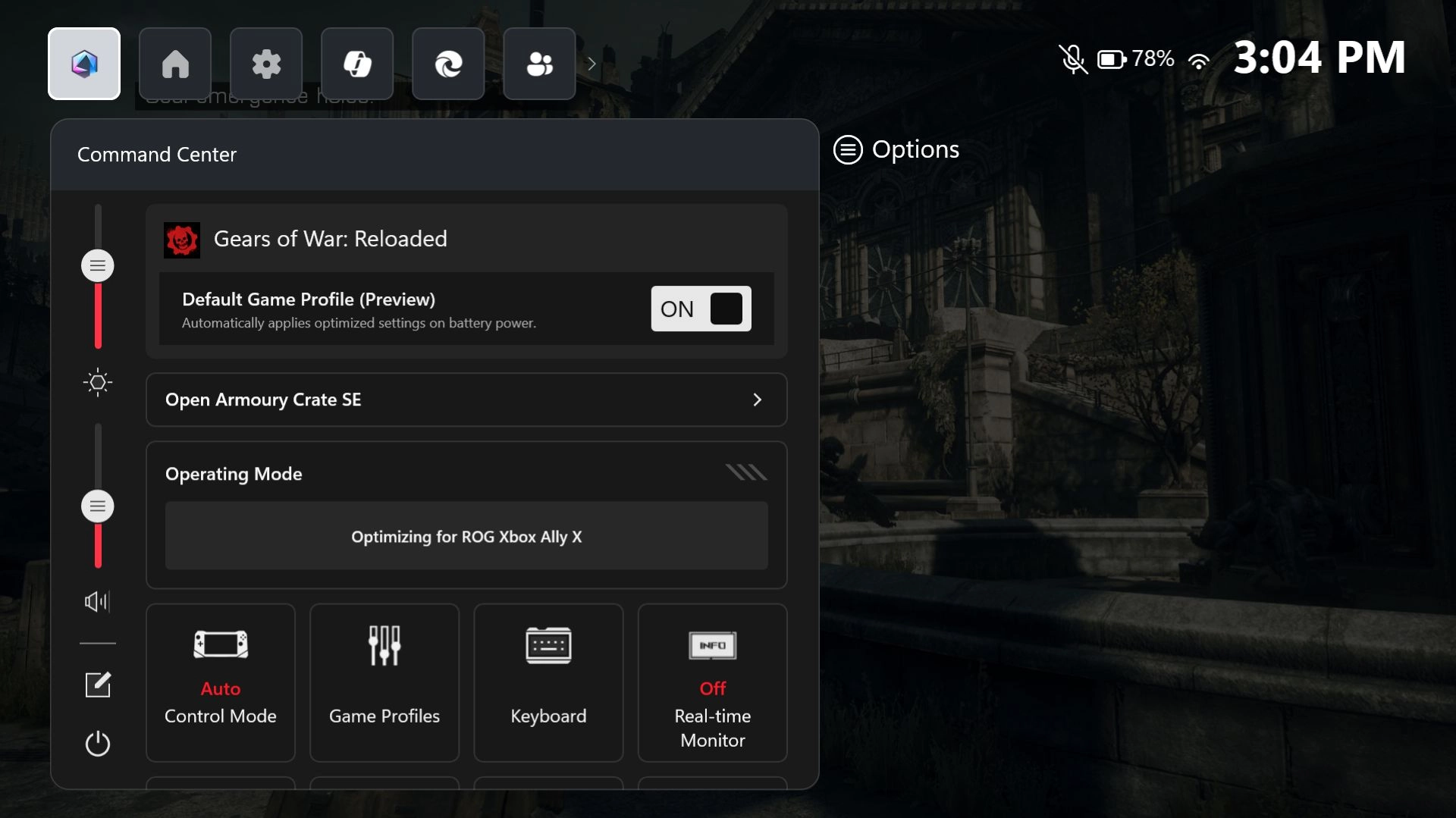 ROG Xbox Ally interface showcasing Default Game Profiles for optimized handheld gaming performance.