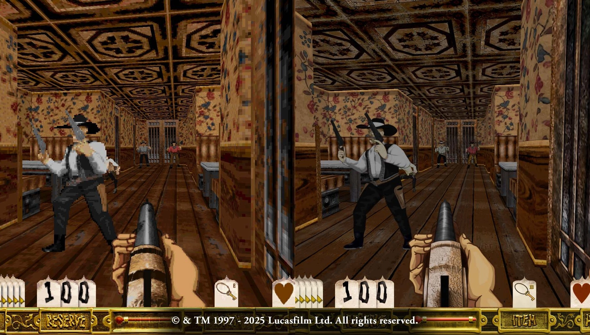 First-person shooter gameplay in Outlaws, a 1997 Western by LucasArts, featuring intense action and unique graphics.
