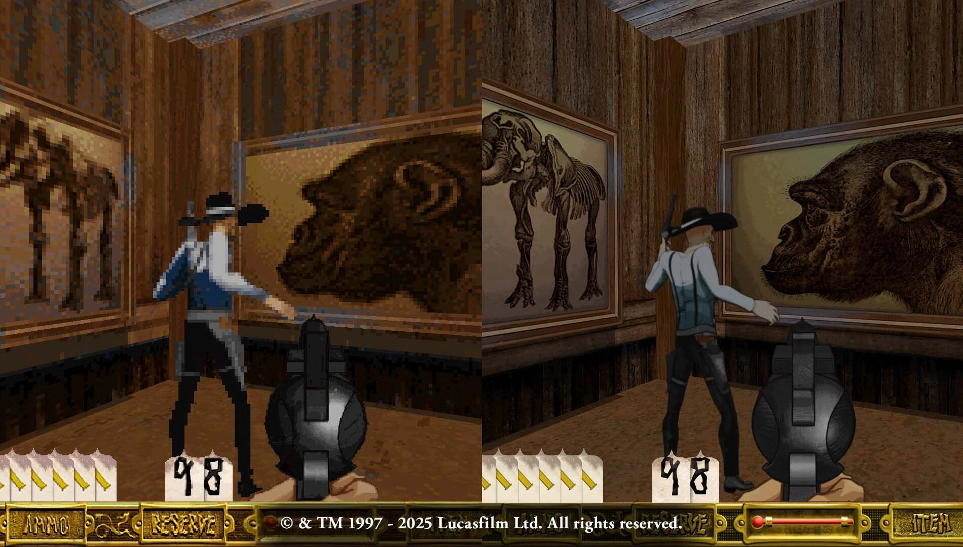 Gameplay scene from Outlaws (1997), showcasing Western art and character design in a first-person shooter setting.