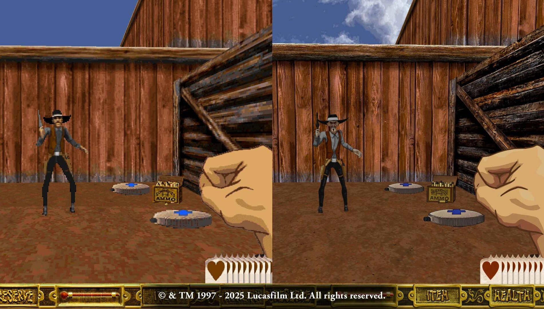 Side-by-side comparison of Outlaws gameplay from 1997 and its 2023 remaster, showcasing enhanced graphics and character de...