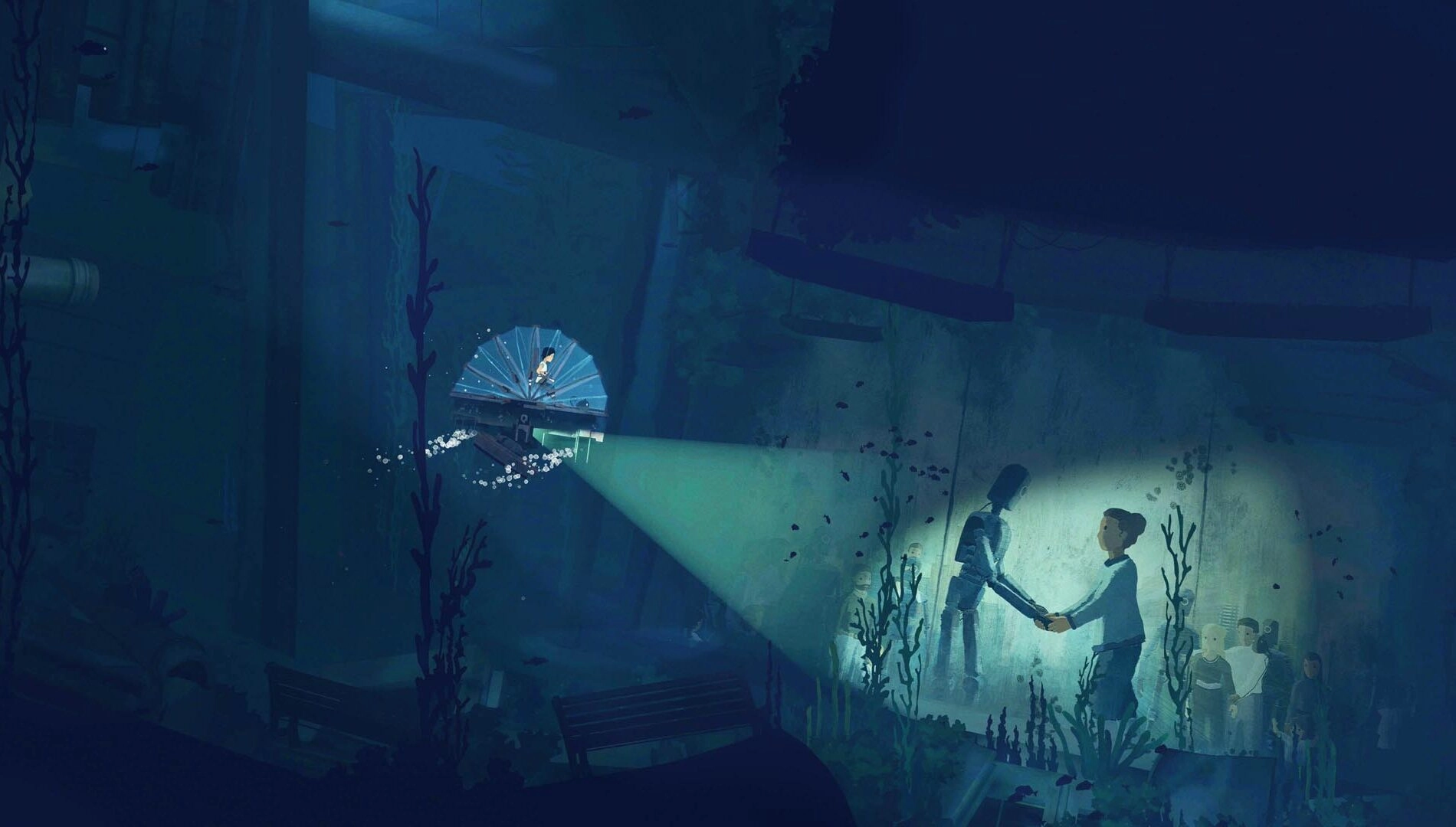 Concept art from Planet of Lana II, showcasing a mysterious underwater scene and characters intertwined in the narrative.