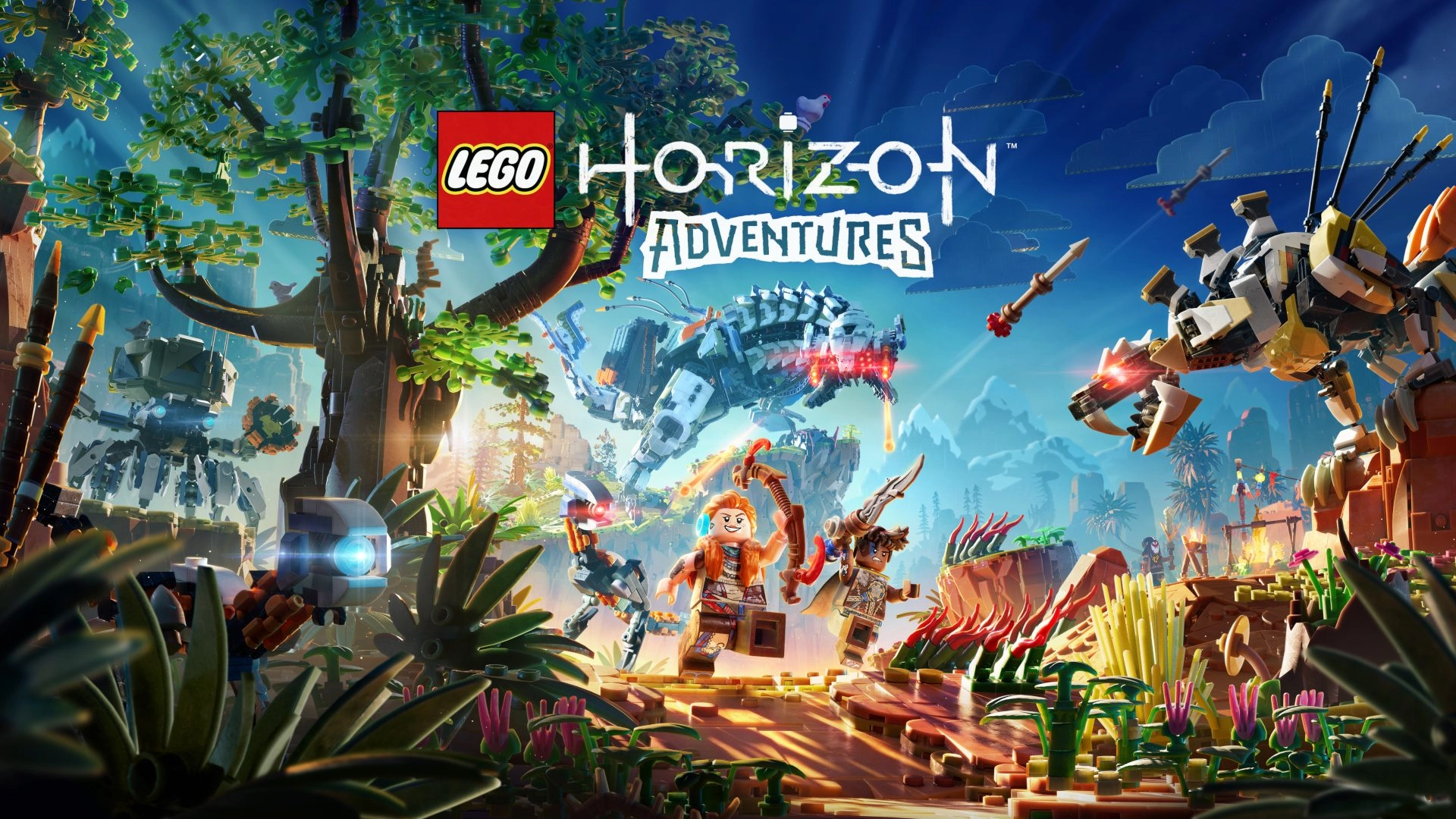 LEGO Horizon Adventures promo art showcasing vibrant landscapes and characters battling digital foes, available on PS5.