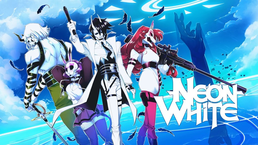 Colorful characters from Neon White stand against a vibrant sky, showcasing the thrilling action of PlayStation Plus Decem...