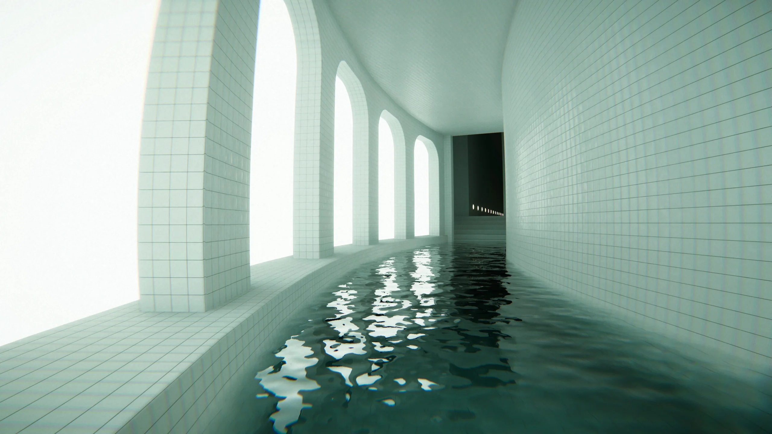 Liminal space in video game Pools, highlighting serene reflections and immersive environments for PS5 and PS VR2.
