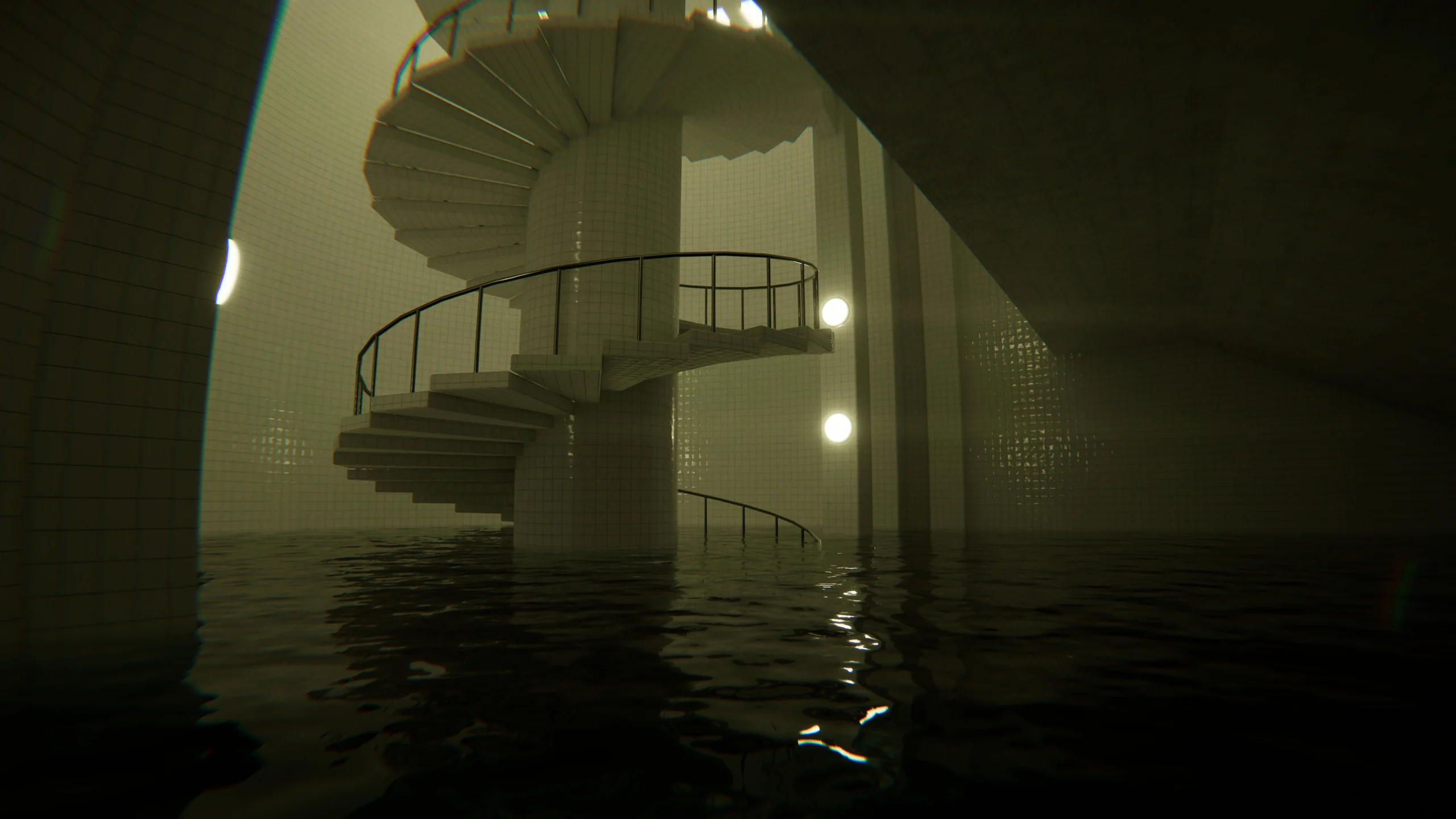 Liminal space in Pools game: eerie staircase above reflective water, highlighting unique PS5 and PS VR2 immersive features.