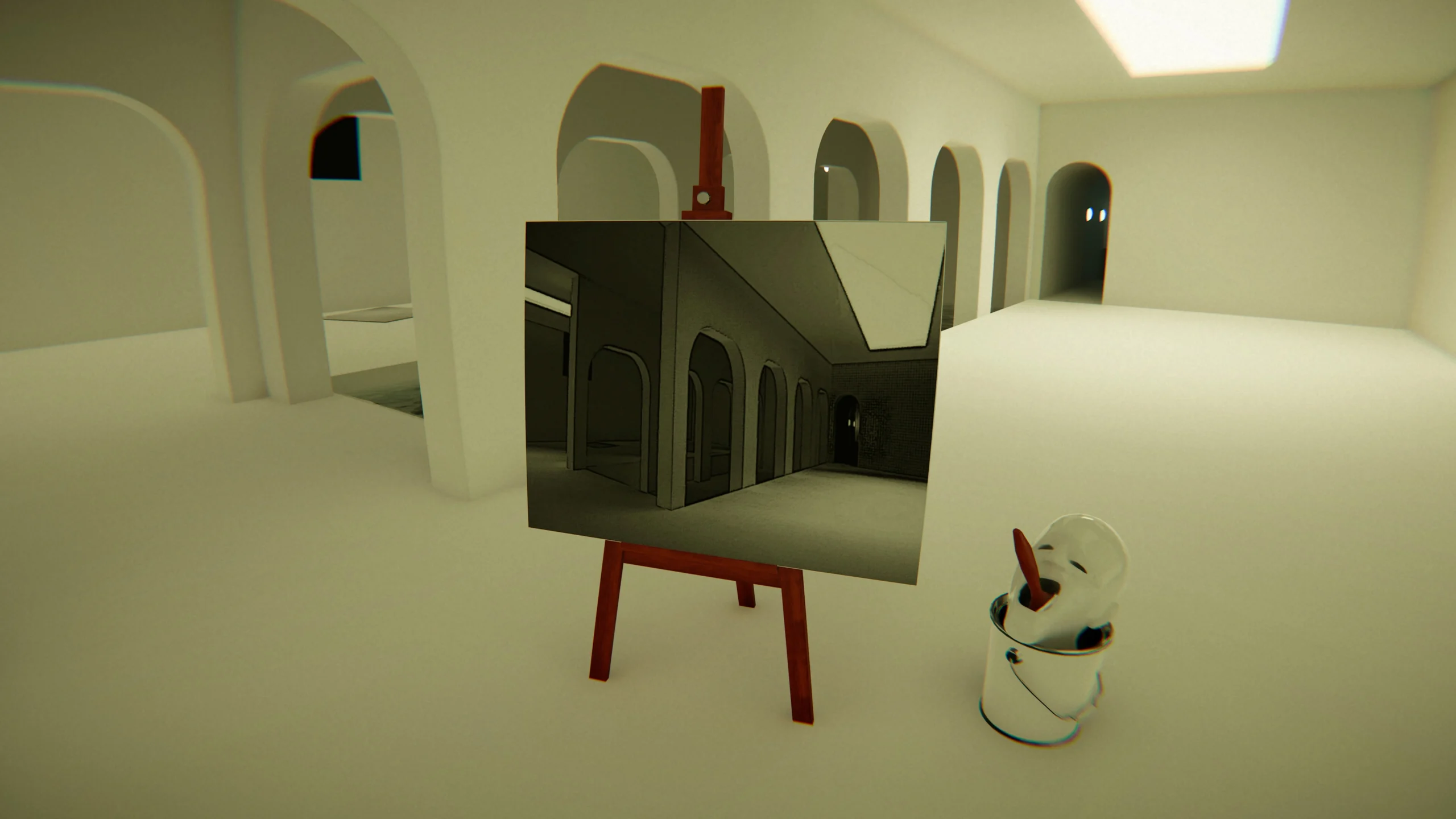 A minimalist art installation featuring a painting on an easel in a bright, spacious liminal space for the game Pools.