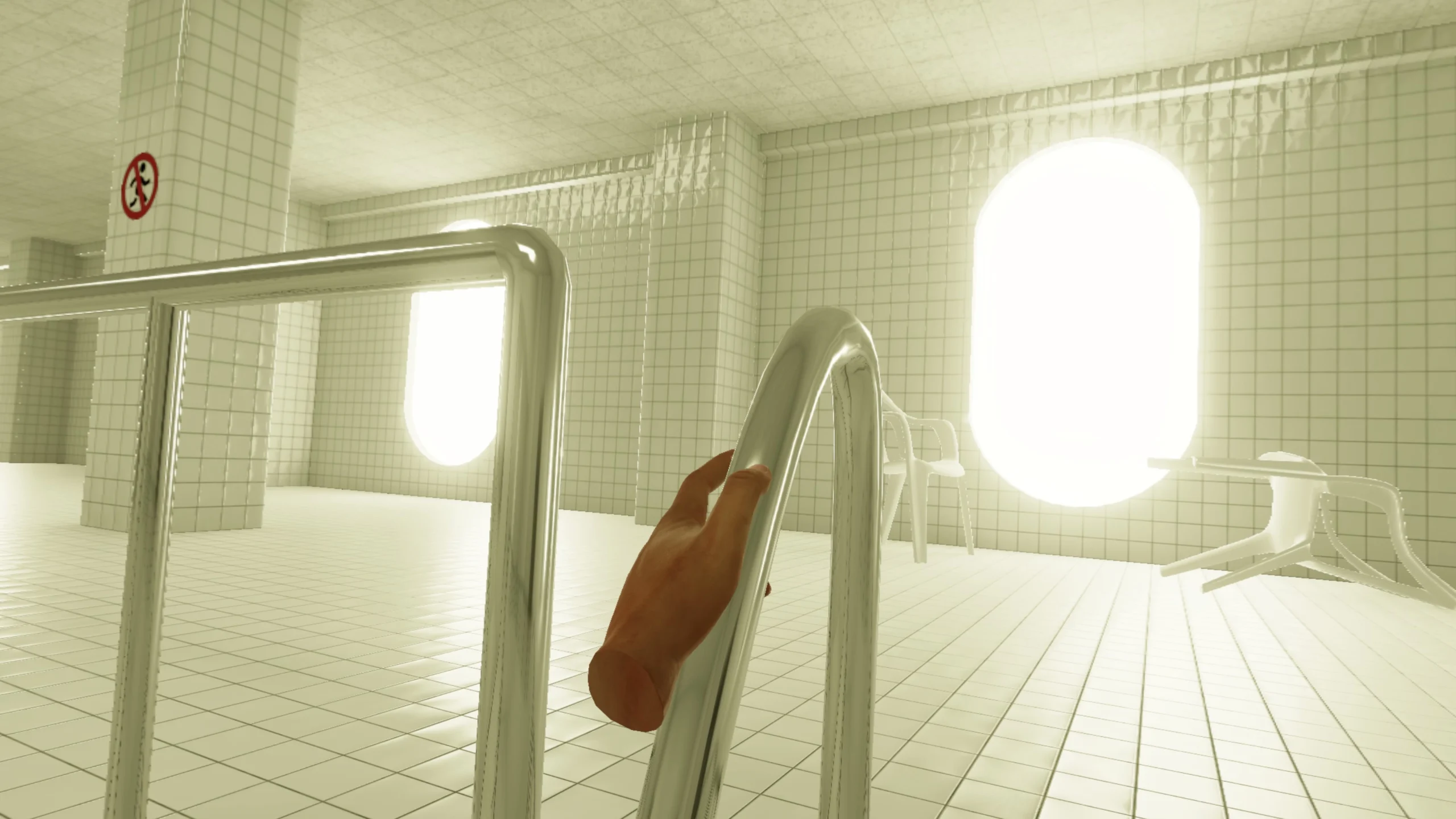 Alt text: "A close view of a sleek railing in an immersive, dream-like pool space, showcasing the game