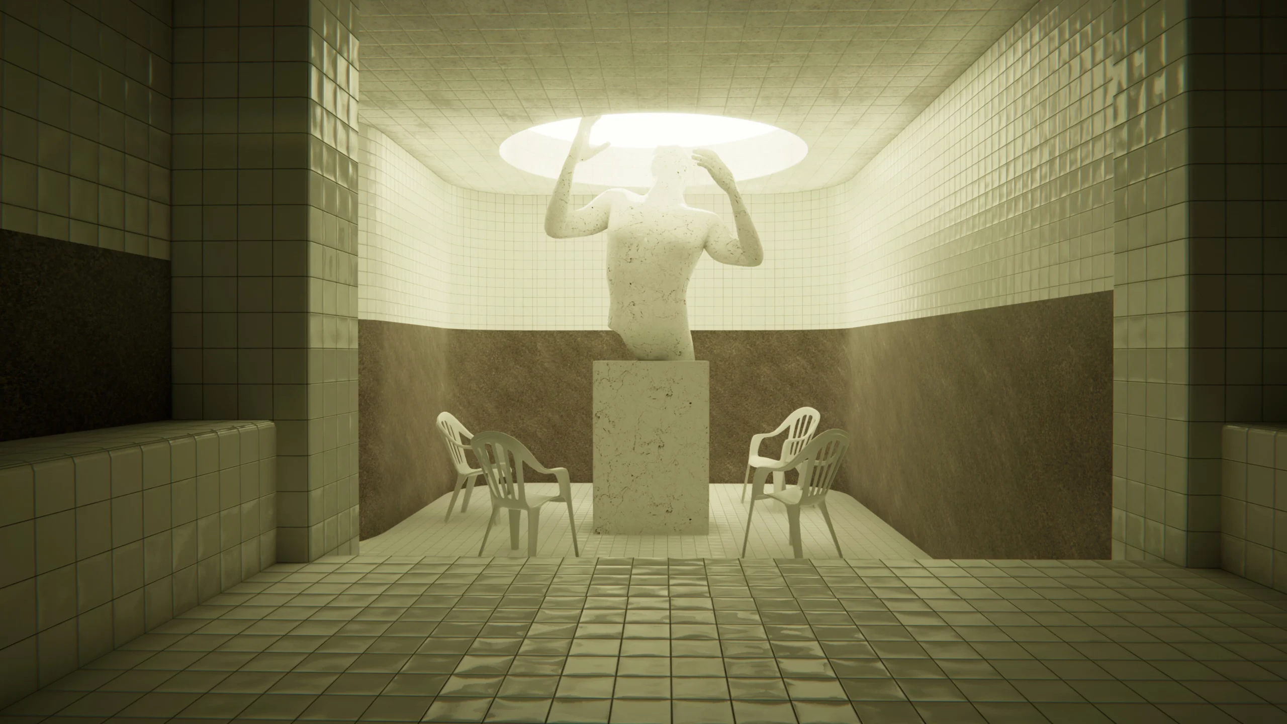 Charming liminal space with a statue and chairs, highlighting the atmospheric design for the upcoming game Pools on PS5.