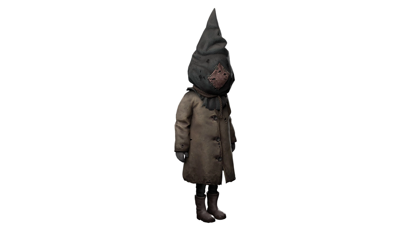 Character from the co-op horror game Reanimal, featuring a cloaked figure with a mysterious hood and mask.