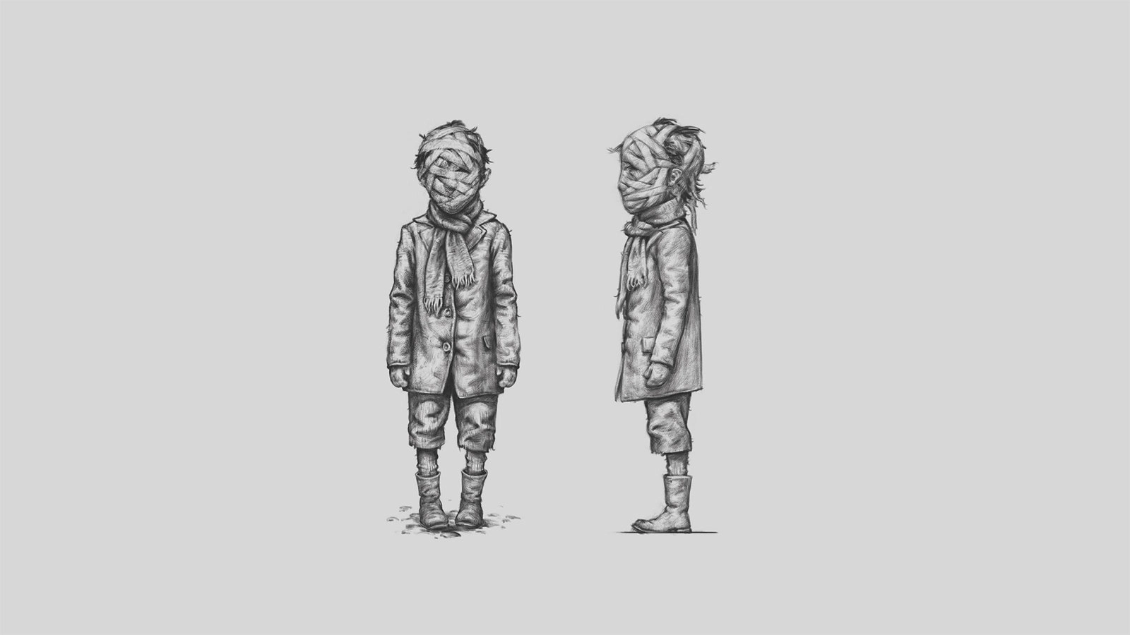 Concept art of The Boy and The Girl from co-op horror game Reanimal, showcasing their unique, bandaged designs.