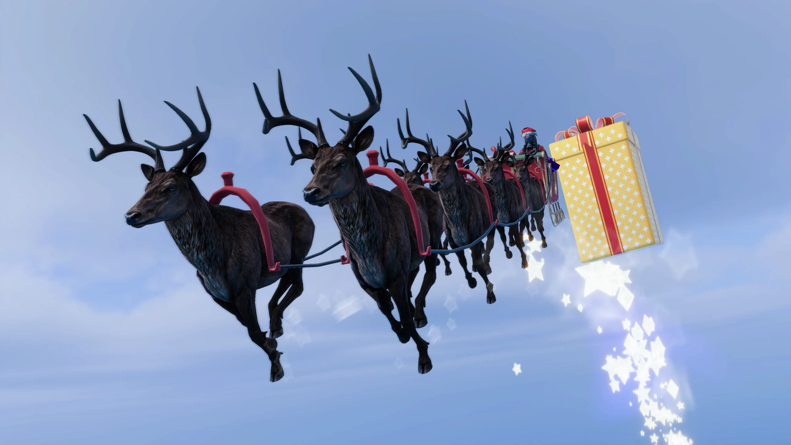 Santa’s sleigh, pulled by reindeer, zooms through a snowy sky, bringing festive cheer to Rust Console Edition