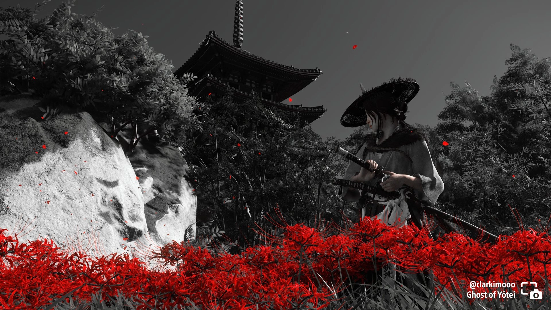 Atsu embarks on the Spider Lily General side quest in Ghost of Yōtei, surrounded by vibrant red flowers. #PSshare #PSBlog