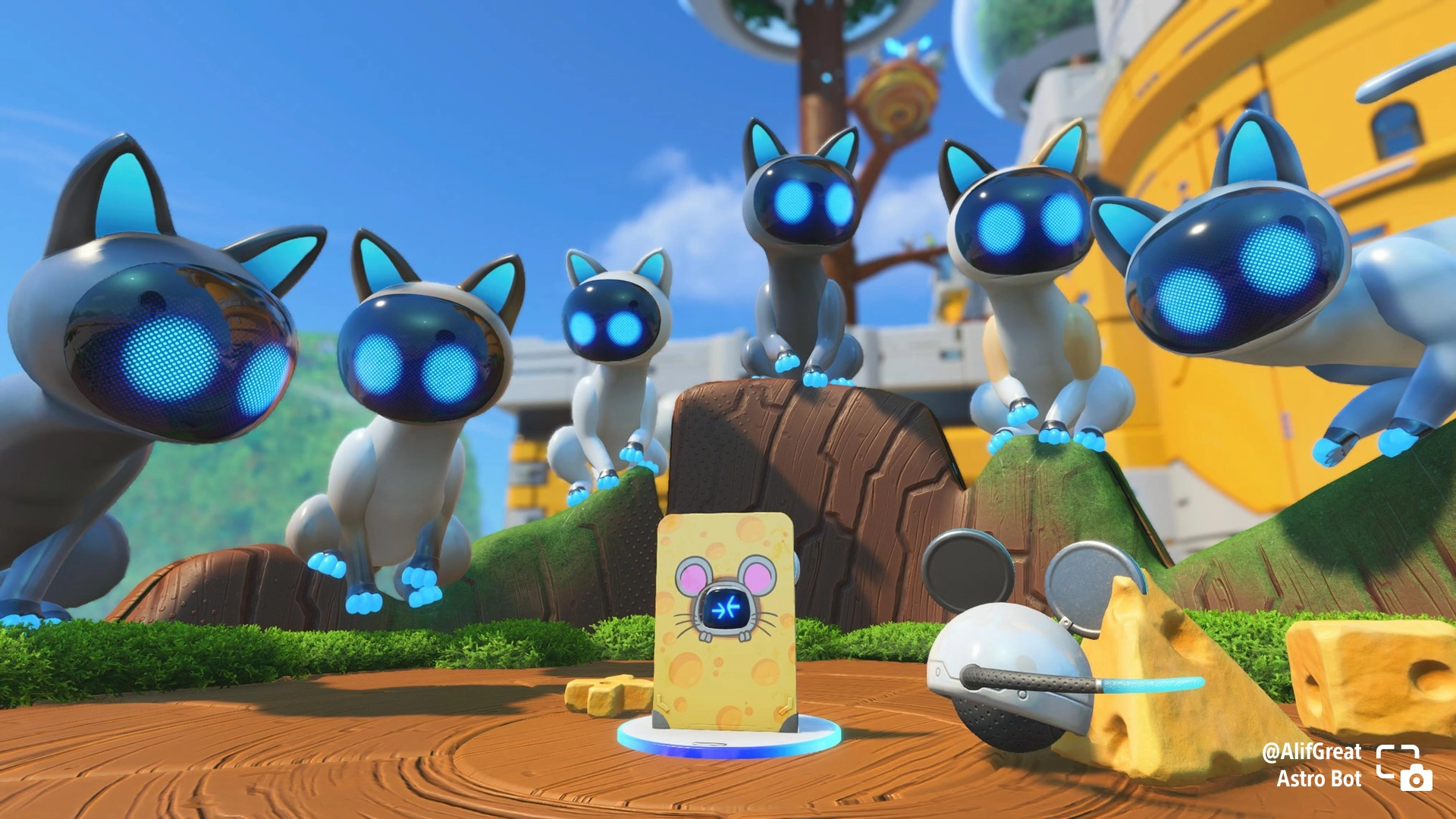Astro Bot surrounded by adorable blue-eyed robot cats in a vibrant, playful scene from the game. #PSshare #PSBlog
