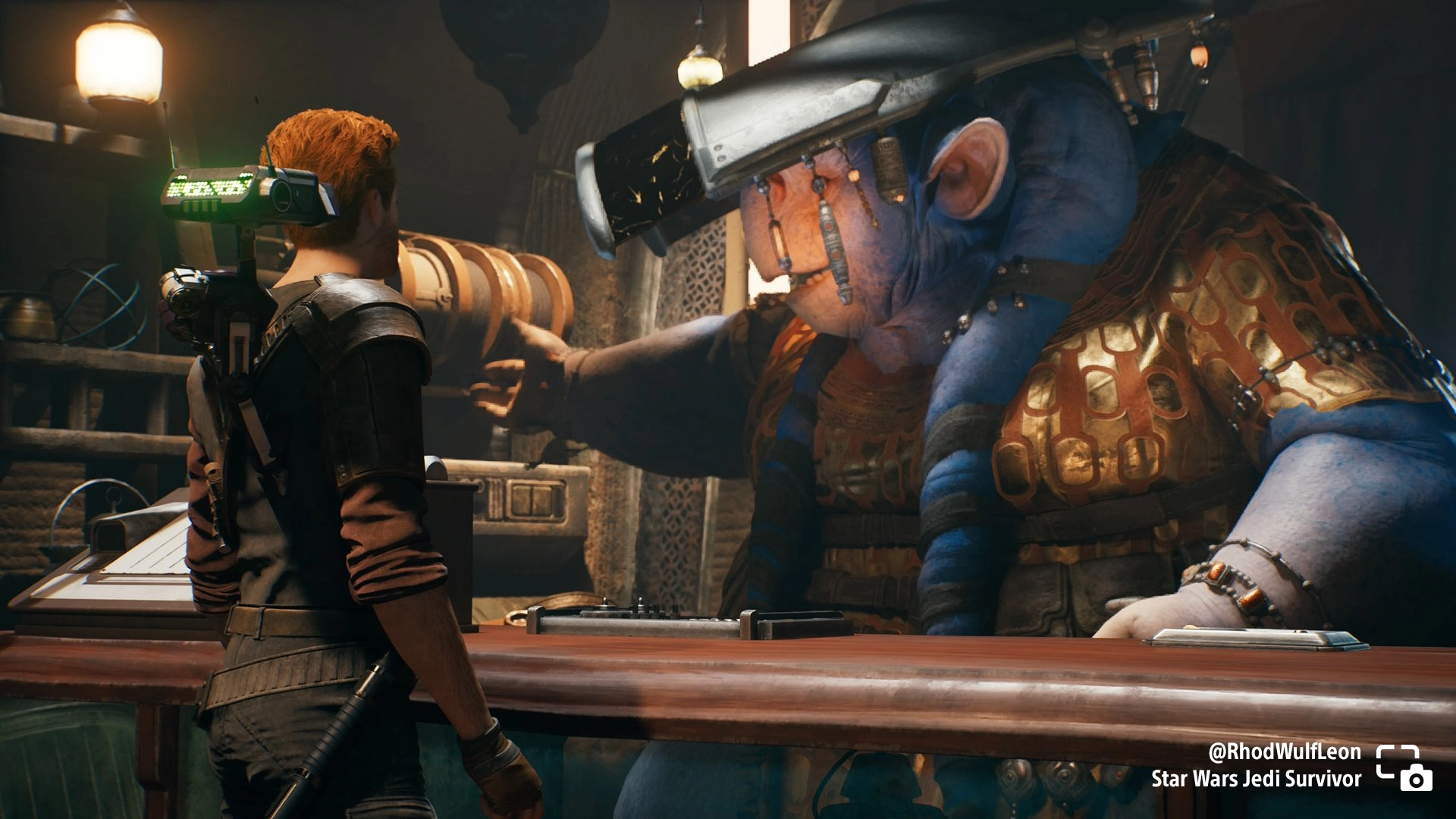 Cal speaks to a shopkeeper in Star Wars Jedi Survivor, showcasing a vibrant game world. Share your side quest moments!