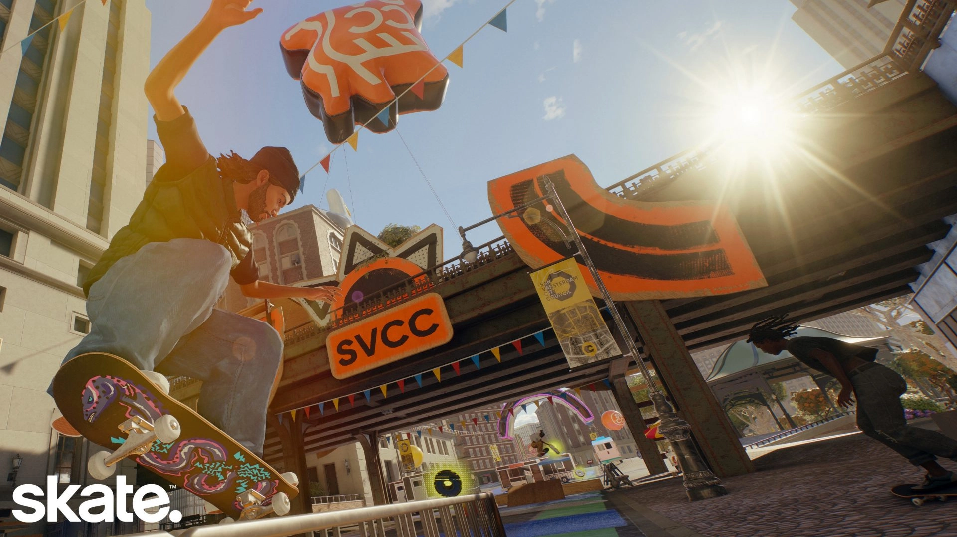 Skateboarder performs a trick in vibrant urban setting, showcasing the essence of skate culture in the new skate. game.