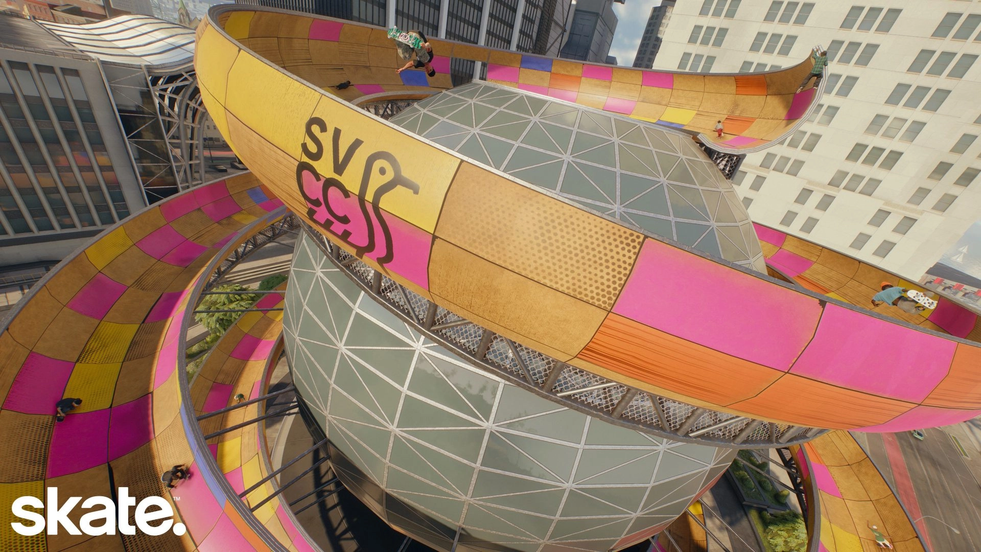 Skate game features vibrant skate park design with players showcasing tricks in a dynamic urban environment.