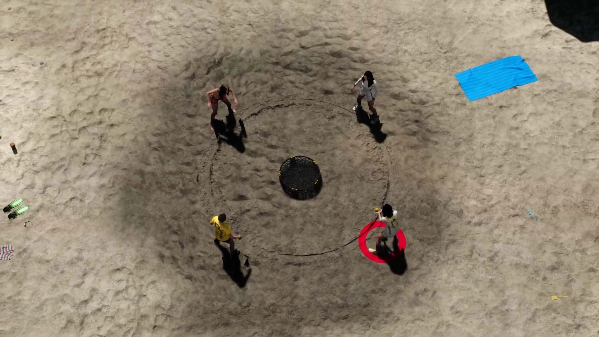 Four players engage in a competitive round of Spikeball on a sandy beach, showcasing the dynamic gameplay of this unique s...