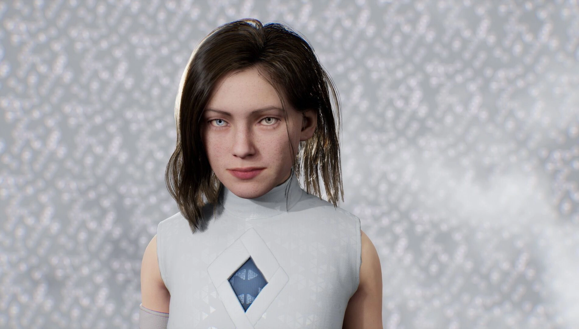 Young woman with an unsettling expression, set against a blurred, eerie background, embodying horror elements of A.I.L.A g...