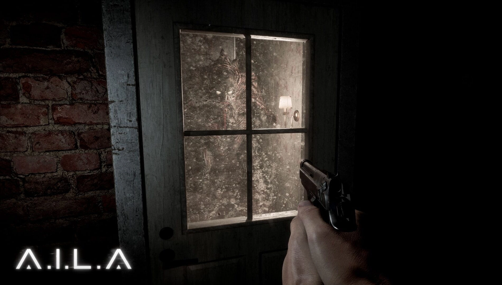 Terrifying scene from A.I.L.A game, showcasing a player aiming a gun at an unsettling presence behind a window.