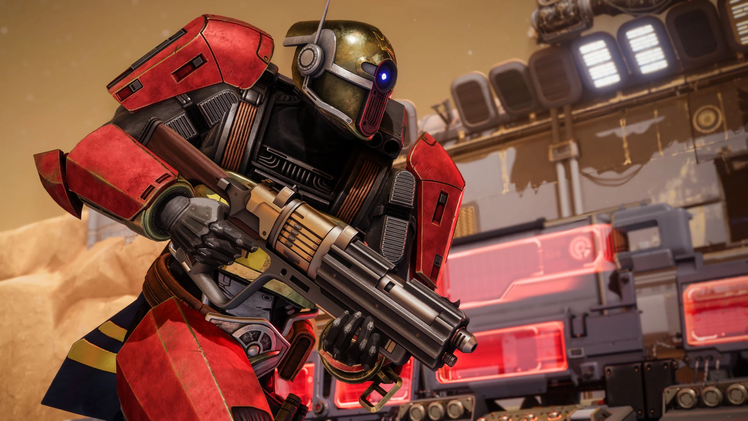 A Guardian in a red combat suit wields a blaster in the Lawless Frontier, showcasing new heat weapons in Destiny 2: Renega...