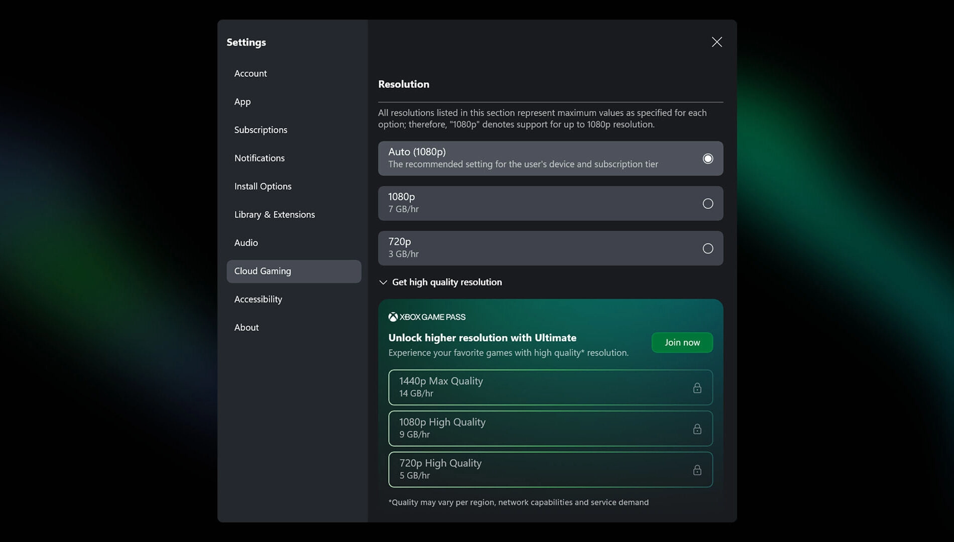 Xbox Cloud Gaming settings menu showing resolution options for enhanced gaming experience on various devices.