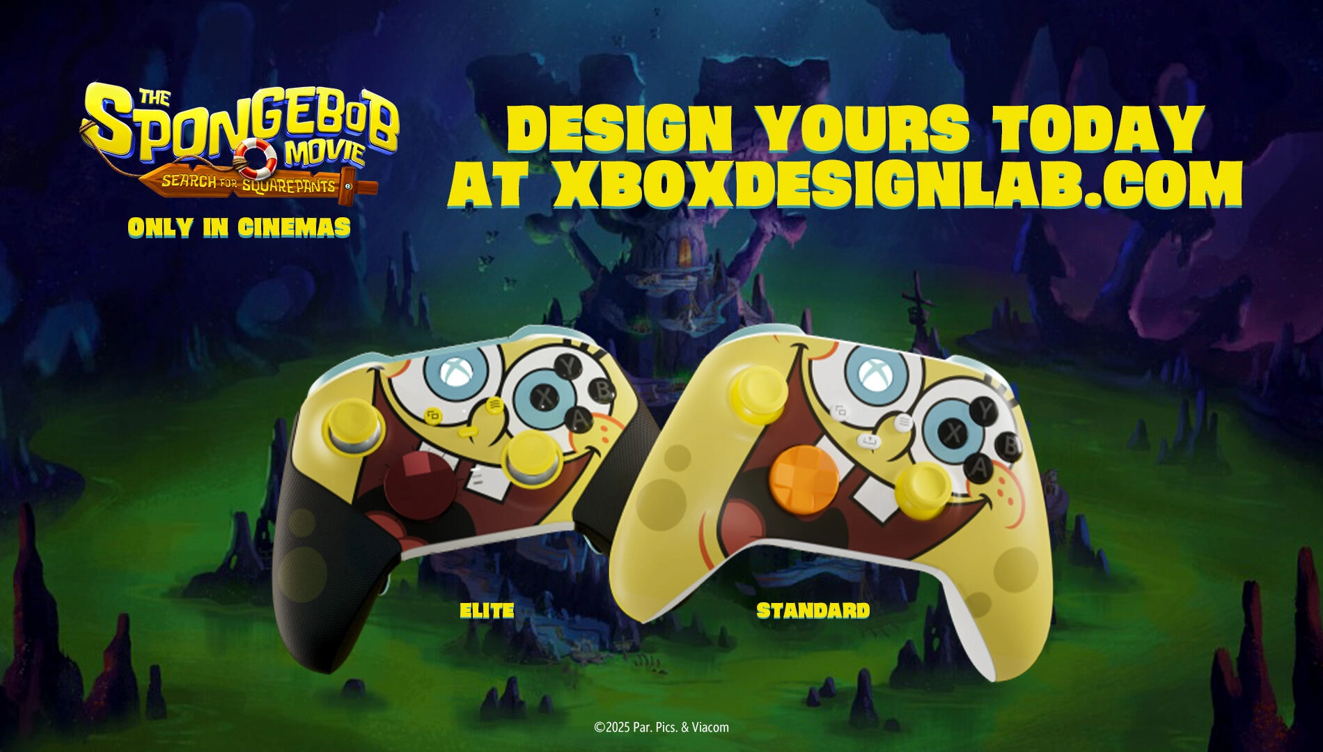Promotional image for customizable SpongeBob-themed Xbox controllers available at Xbox Design Lab. Design yours today!