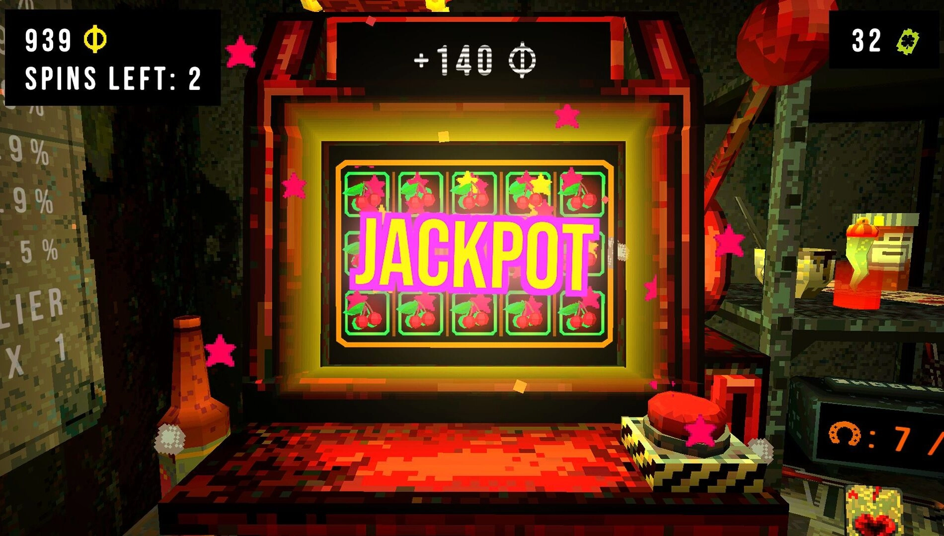 Gameplay of CloverPit highlights a thrilling slot machine win, blending horror with a roguelite experience on Xbox.
