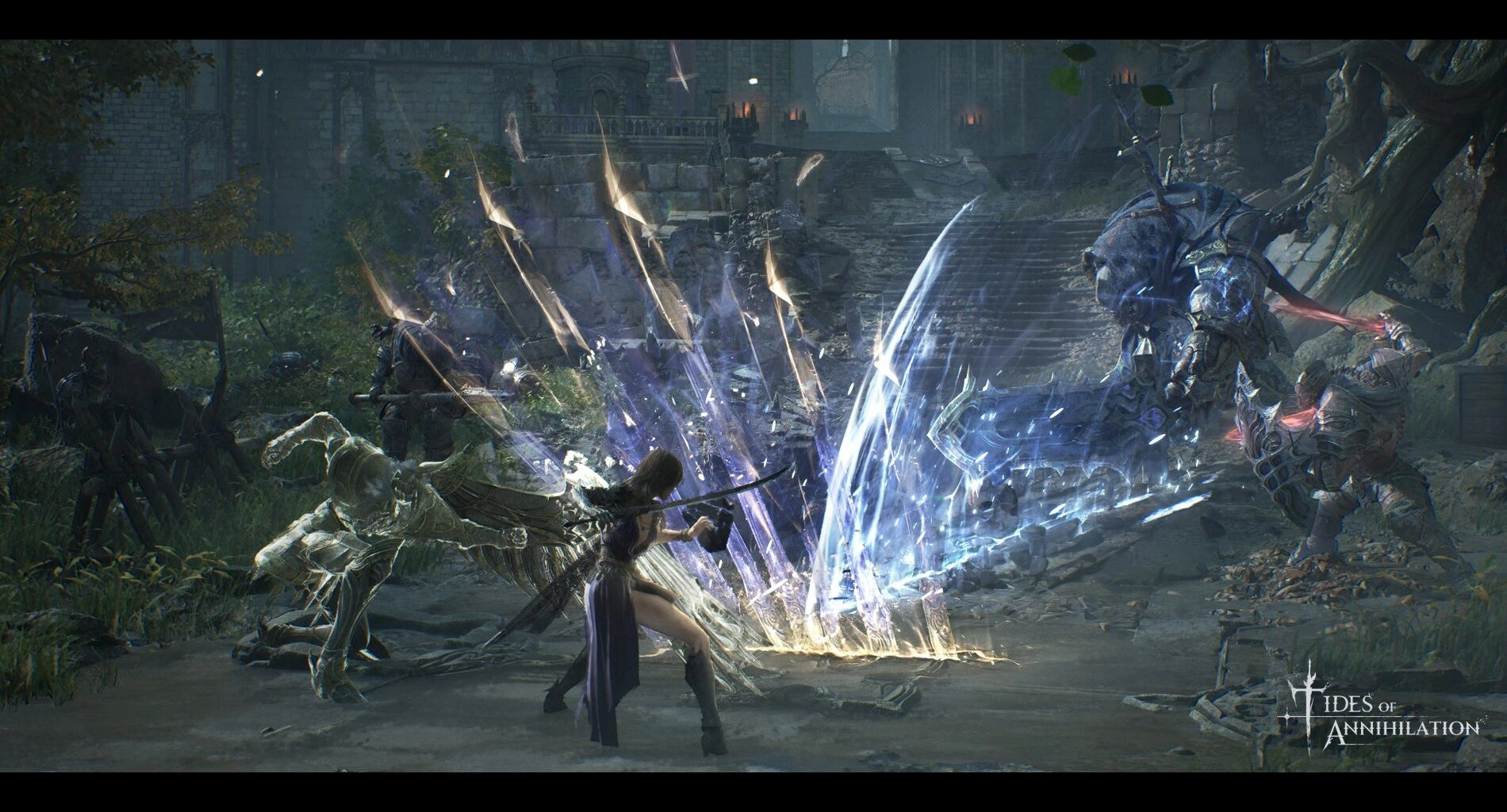 Gwendolyn battles witch Tyronoe in Tides of Annihilation, showcasing intense combat and the Dual Frontline Battle System.