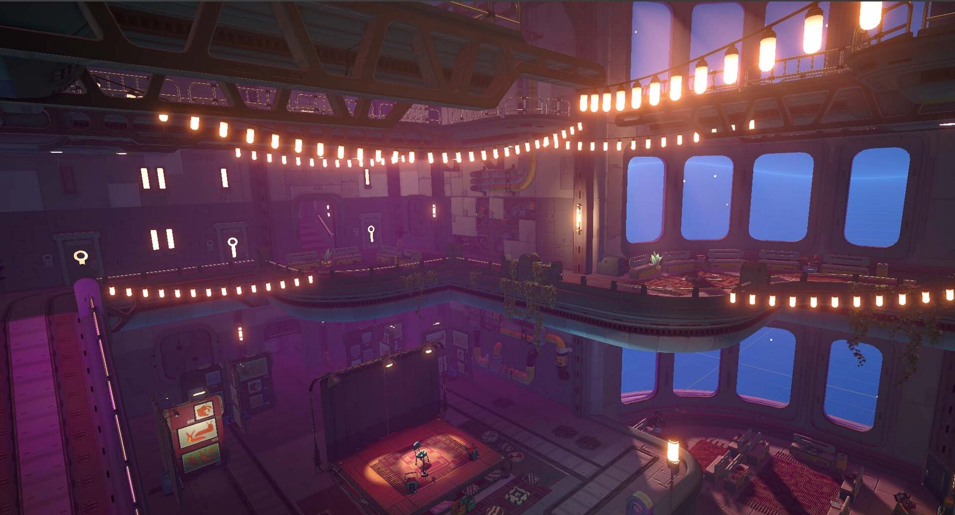 Vibrant inner spaceship scene from Young Suns, showcasing immersive sci-fi design and character-rich environment.