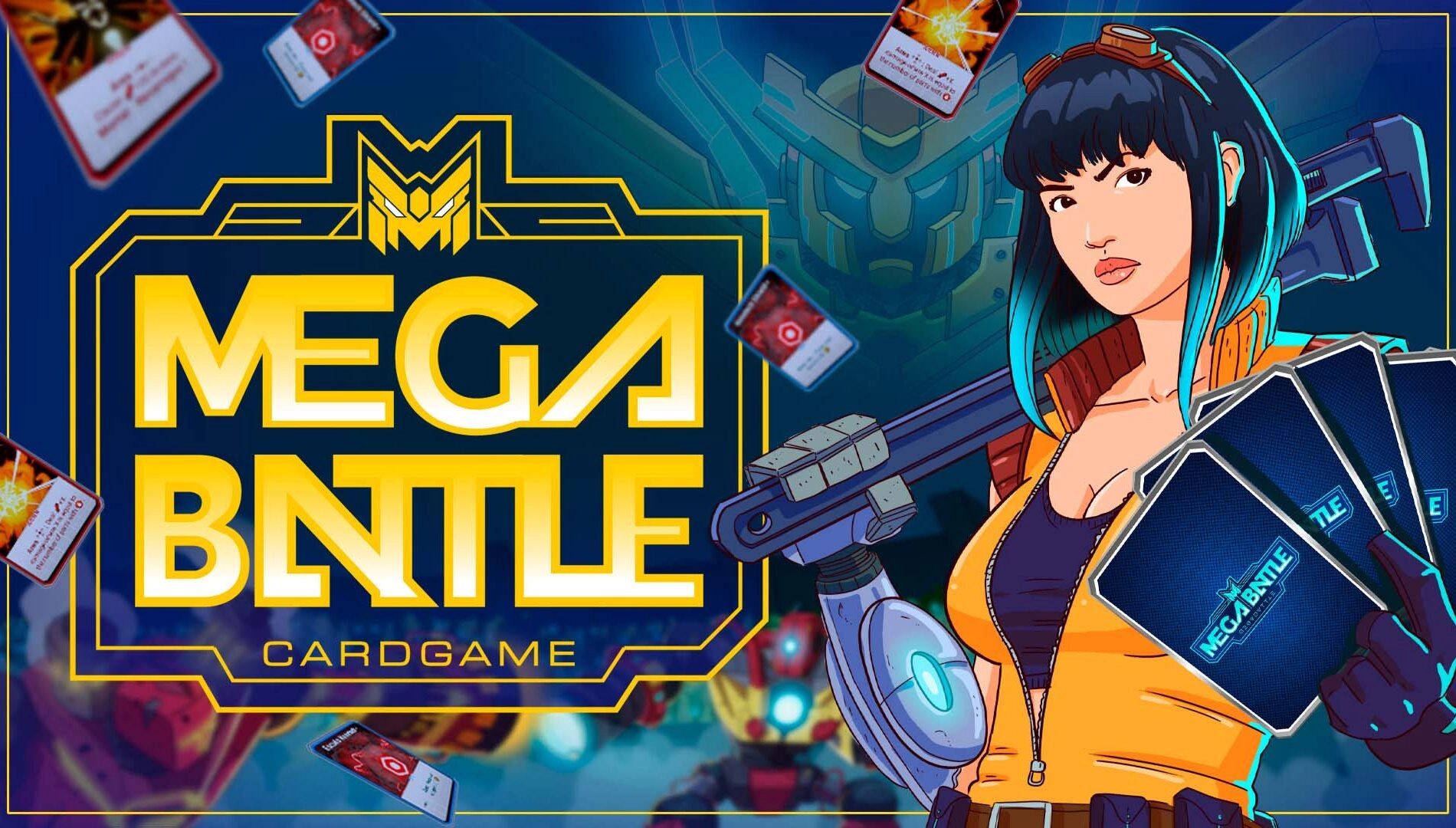 Promotional art for Mega Battle card game featuring a character holding cards, highlighting indie gaming at the Indie Sele...