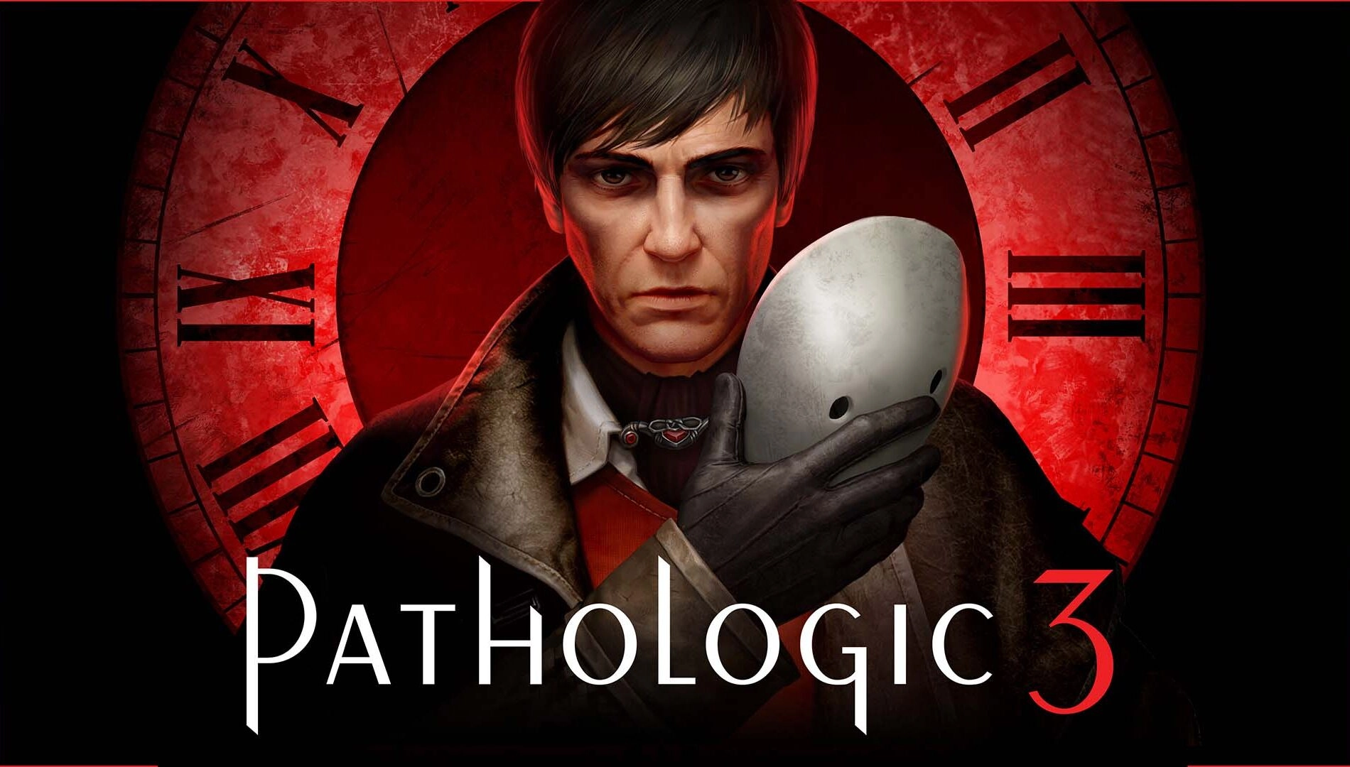 Pathologic 3 poster featuring a mysterious character holding a mask, set against a backdrop of ominous clocks.