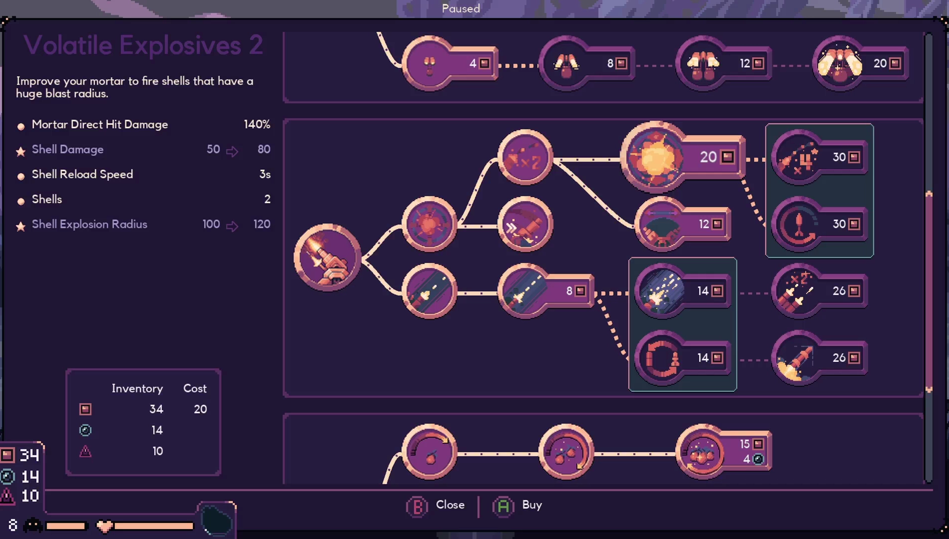 Dome Keeper upgrade tree showing strategies for mining and resource management in the action roguelike game.