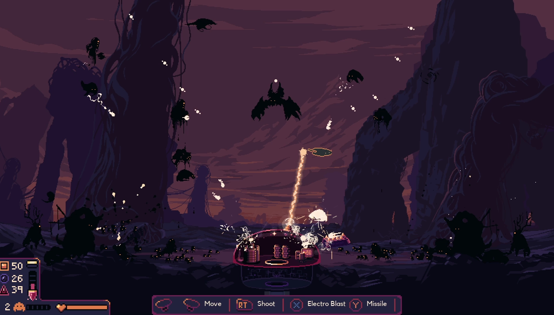 Intense gameplay scene from Dome Keeper showcasing action, mining, and alien monsters on an alien planet.