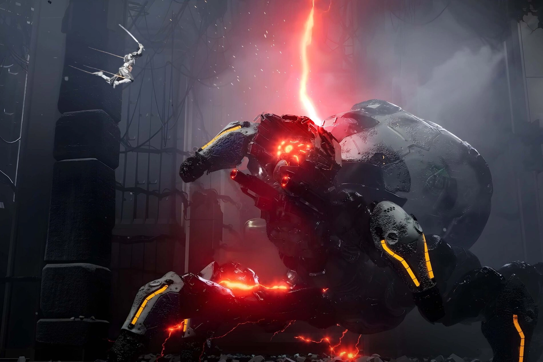 A powerful samurai battling a massive robotic foe in a futuristic Japanese-inspired setting from the game Sol Shogunate.