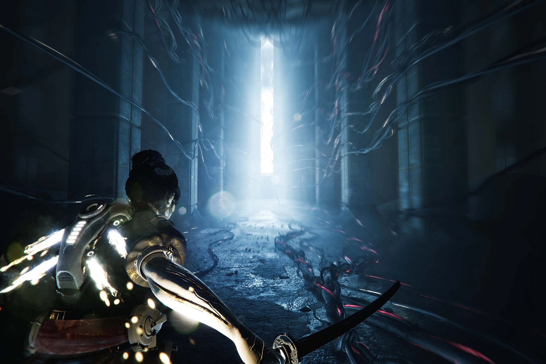 A samurai in futuristic armor wields a sword in a dark, mysterious corridor, embodying the spirit of Sol Shogunate.