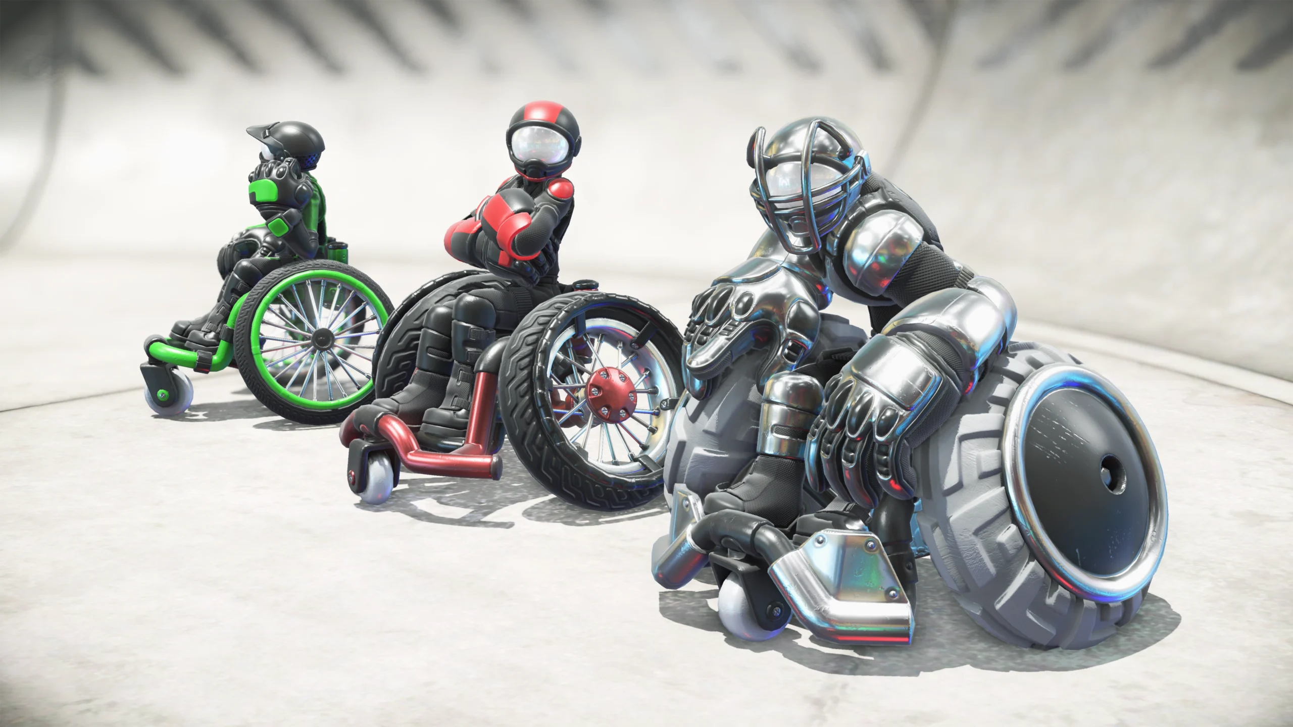Three unique characters in futuristic wheelchairs posed at a skate park, showcasing innovative designs for Nintendo