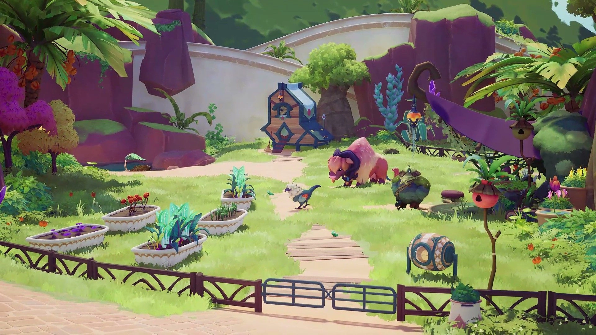 Colorful game environment showcasing characters and lush biomes in Beastro, Timberline Studio